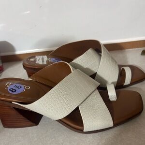 Franco Sarto Safia Cream Croc-Embossed Block Heel Sandals